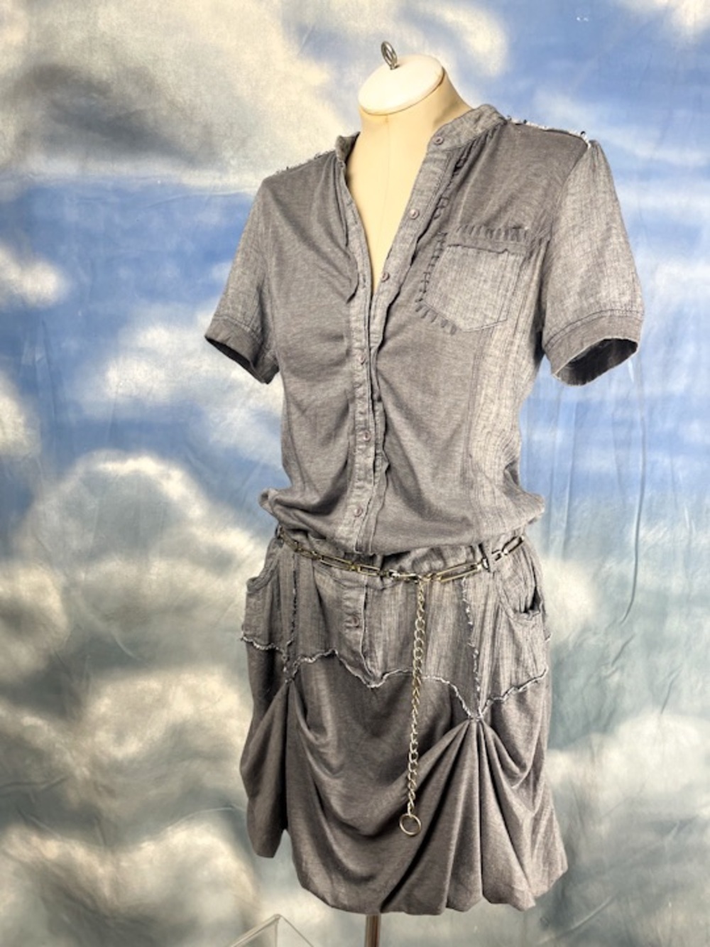 Monoreno chambray + jersey drop waist  bubble hem dress